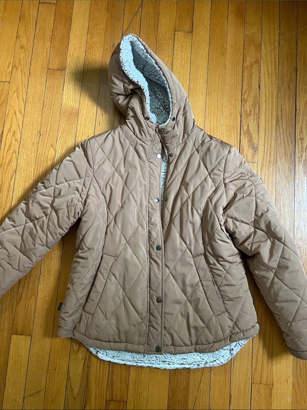 Quilted Hooded Jacket in Camel with Sherpa Lining